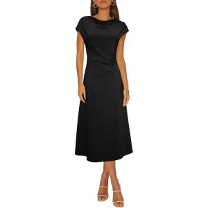 imageHappy Sailed Womens Spring Summer Short Sleeve Cowl Neck Ruched Waist Flowy A Line Midi Dresses Party Cocktail DressBlack