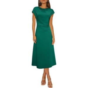 imageHappy Sailed Womens Spring Summer Short Sleeve Cowl Neck Ruched Waist Flowy A Line Midi Dresses Party Cocktail DressDark Green