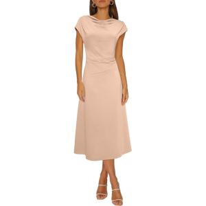 imageHappy Sailed Womens Spring Summer Short Sleeve Cowl Neck Ruched Waist Flowy A Line Midi Dresses Party Cocktail DressKhaki