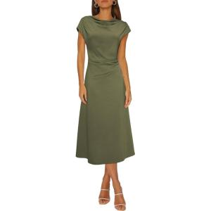 imageHappy Sailed Womens Spring Summer Short Sleeve Cowl Neck Ruched Waist Flowy A Line Midi Dresses Party Cocktail DressMoss Green