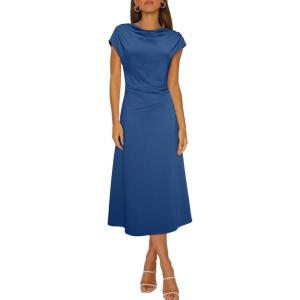 imageHappy Sailed Womens Spring Summer Short Sleeve Cowl Neck Ruched Waist Flowy A Line Midi Dresses Party Cocktail DressNavy Blue