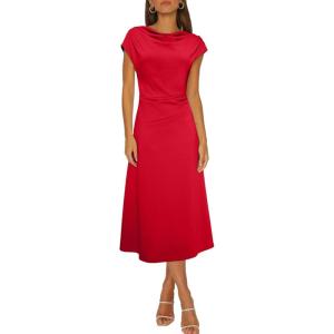 imageHappy Sailed Womens Spring Summer Short Sleeve Cowl Neck Ruched Waist Flowy A Line Midi Dresses Party Cocktail DressRed