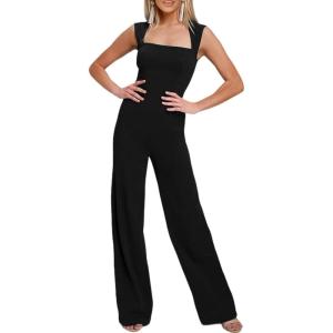 imageHappy Sailed Womens Square Neck Jumpsuit Summer Sleeveless Wide Leg Pants Rompers Dressy Jumpers Business Casual OutfitsBlack