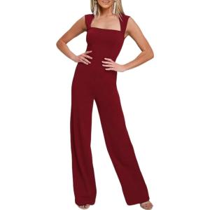 imageHappy Sailed Womens Square Neck Jumpsuit Summer Sleeveless Wide Leg Pants Rompers Dressy Jumpers Business Casual OutfitsRed