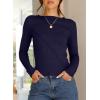 imageHappy Sailed Long Sleeve Shirts for Women Crewneck Exposed Seams Slim Fit Rib Knit Tops Trendy Fall ClothesBlue