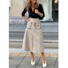 imageHappy Sailed Womens Faux Suede Skirt Spring Winter Elastic Waist Front Pockets A Line Midi Skirts with SplitBeige