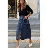 imageHappy Sailed Womens Faux Suede Skirt Spring Winter Elastic Waist Front Pockets A Line Midi Skirts with SplitBlue