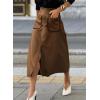 imageHappy Sailed Womens Faux Suede Skirt Spring Winter Elastic Waist Front Pockets A Line Midi Skirts with SplitBrown