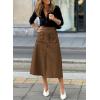 imageHappy Sailed Womens Faux Suede Skirt Spring Winter Elastic Waist Front Pockets A Line Midi Skirts with SplitBrown