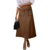 imageHappy Sailed Womens Faux Suede Skirt Spring Winter Elastic Waist Front Pockets A Line Midi Skirts with SplitBrown