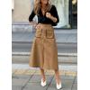 imageHappy Sailed Womens Faux Suede Skirt Spring Winter Elastic Waist Front Pockets A Line Midi Skirts with SplitCamel