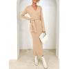 imageHappy Sailed Womens Knit Dress Spring Long Sleeve Wrap V Neck Tie Waist Ribbed Sweater DressesApricot