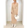imageHappy Sailed Womens Knit Dress Spring Long Sleeve Wrap V Neck Tie Waist Ribbed Sweater DressesApricot