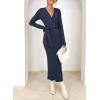 imageHappy Sailed Womens Knit Dress Spring Long Sleeve Wrap V Neck Tie Waist Ribbed Sweater DressesBlue