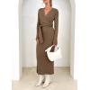 imageHappy Sailed Womens Knit Dress Spring Long Sleeve Wrap V Neck Tie Waist Ribbed Sweater DressesKhaki