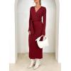 imageHappy Sailed Womens Knit Dress Spring Long Sleeve Wrap V Neck Tie Waist Ribbed Sweater DressesRed