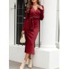 imageHappy Sailed Womens Knit Dress Spring Long Sleeve Wrap V Neck Tie Waist Ribbed Sweater DressesRed