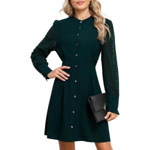 imageHappy Sailed Fall Cocktail Dresses for Women Lace Long Sleeve Button Slim A Line Mini DressDark Green