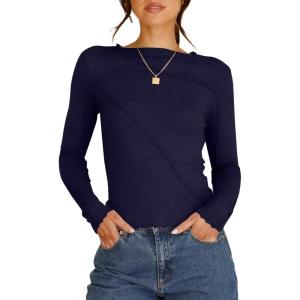imageHappy Sailed Long Sleeve Shirts for Women Crewneck Exposed Seams Slim Fit Rib Knit Tops Trendy Fall ClothesBlue