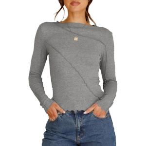 imageHappy Sailed Long Sleeve Shirts for Women Crewneck Exposed Seams Slim Fit Rib Knit Tops Trendy Fall ClothesGrey