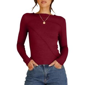imageHappy Sailed Long Sleeve Shirts for Women Crewneck Exposed Seams Slim Fit Rib Knit Tops Trendy Fall ClothesRed