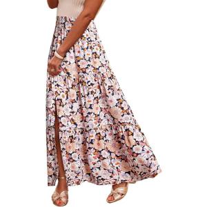 imageHappy Sailed Summer Skirts for Women Floral Print High Waist Flowy Split A Line Boho Maxi Skirt with PocketsBlack