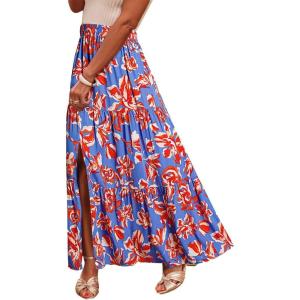 imageHappy Sailed Summer Skirts for Women Floral Print High Waist Flowy Split A Line Boho Maxi Skirt with PocketsBlue