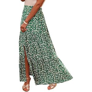 imageHappy Sailed Summer Skirts for Women Floral Print High Waist Flowy Split A Line Boho Maxi Skirt with PocketsDark Green