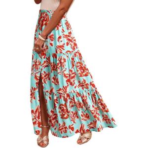 imageHappy Sailed Summer Skirts for Women Floral Print High Waist Flowy Split A Line Boho Maxi Skirt with PocketsGreen