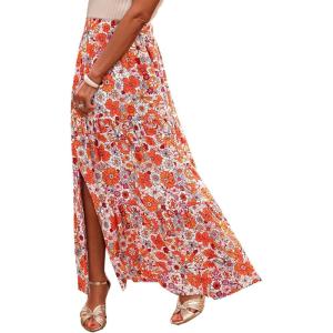 imageHappy Sailed Summer Skirts for Women Floral Print High Waist Flowy Split A Line Boho Maxi Skirt with PocketsOrange