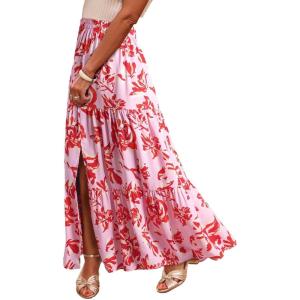 imageHappy Sailed Summer Skirts for Women Floral Print High Waist Flowy Split A Line Boho Maxi Skirt with PocketsPink