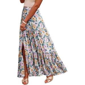 imageHappy Sailed Summer Skirts for Women Floral Print High Waist Flowy Split A Line Boho Maxi Skirt with PocketsPurple