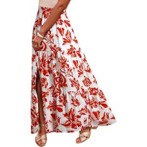 imageHappy Sailed Summer Skirts for Women Floral Print High Waist Flowy Split A Line Boho Maxi Skirt with PocketsWhite