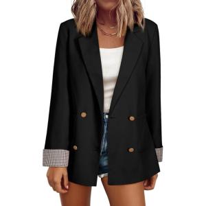 imageHappy Sailed Womens Casual Blazers Plaid Cuff Long Sleeve Double Breasted Open Front Blazer Jackets Work SuitsBlack