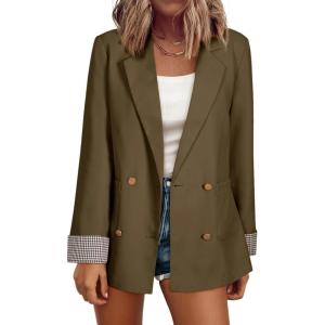 imageHappy Sailed Womens Casual Blazers Plaid Cuff Long Sleeve Double Breasted Open Front Blazer Jackets Work SuitsBrown