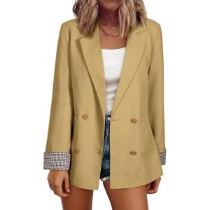 imageHappy Sailed Womens Casual Blazers Plaid Cuff Long Sleeve Double Breasted Open Front Blazer Jackets Work SuitsKhaki