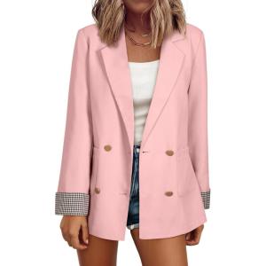 imageHappy Sailed Womens Casual Blazers Plaid Cuff Long Sleeve Double Breasted Open Front Blazer Jackets Work SuitsLight Pink