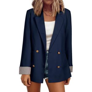 imageHappy Sailed Womens Casual Blazers Plaid Cuff Long Sleeve Double Breasted Open Front Blazer Jackets Work SuitsNavy Blue