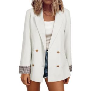 imageHappy Sailed Womens Casual Blazers Plaid Cuff Long Sleeve Double Breasted Open Front Blazer Jackets Work SuitsWhite
