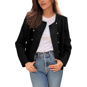 imageHappy Sailed Womens Cropped Tweed Blazers Casual Long Sleeve Double Breasted Open Front Blazer Jackets Work SuitsBlack