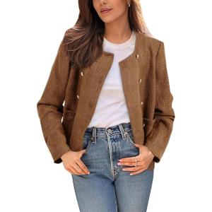imageHappy Sailed Womens Cropped Tweed Blazers Casual Long Sleeve Double Breasted Open Front Blazer Jackets Work SuitsCoffee