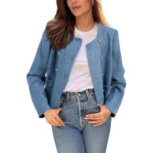 imageHappy Sailed Womens Cropped Tweed Blazers Casual Long Sleeve Double Breasted Open Front Blazer Jackets Work SuitsDark Blue