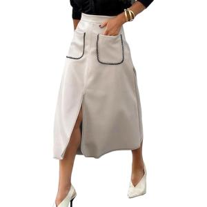 imageHappy Sailed Womens Faux Suede Skirt Spring Winter Elastic Waist Front Pockets A Line Midi Skirts with SplitBeige