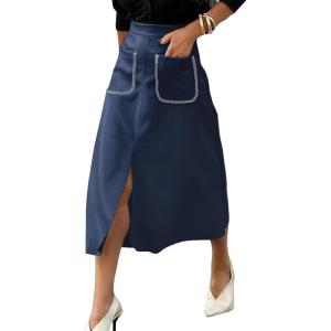 imageHappy Sailed Womens Faux Suede Skirt Spring Winter Elastic Waist Front Pockets A Line Midi Skirts with SplitBlue