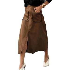 imageHappy Sailed Womens Faux Suede Skirt Spring Winter Elastic Waist Front Pockets A Line Midi Skirts with SplitBrown