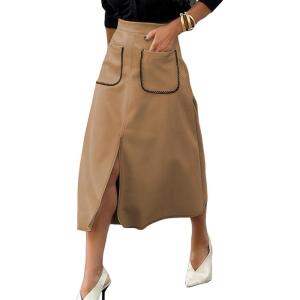 imageHappy Sailed Womens Faux Suede Skirt Spring Winter Elastic Waist Front Pockets A Line Midi Skirts with SplitCamel