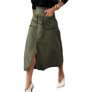 imageHappy Sailed Womens Faux Suede Skirt Spring Winter Elastic Waist Front Pockets A Line Midi Skirts with SplitGreen