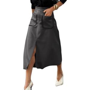 imageHappy Sailed Womens Faux Suede Skirt Spring Winter Elastic Waist Front Pockets A Line Midi Skirts with SplitGrey