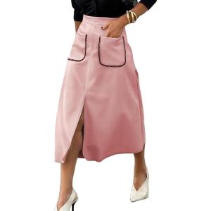 imageHappy Sailed Womens Faux Suede Skirt Spring Winter Elastic Waist Front Pockets A Line Midi Skirts with SplitPink