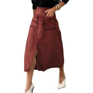 imageHappy Sailed Womens Faux Suede Skirt Spring Winter Elastic Waist Front Pockets A Line Midi Skirts with SplitRed